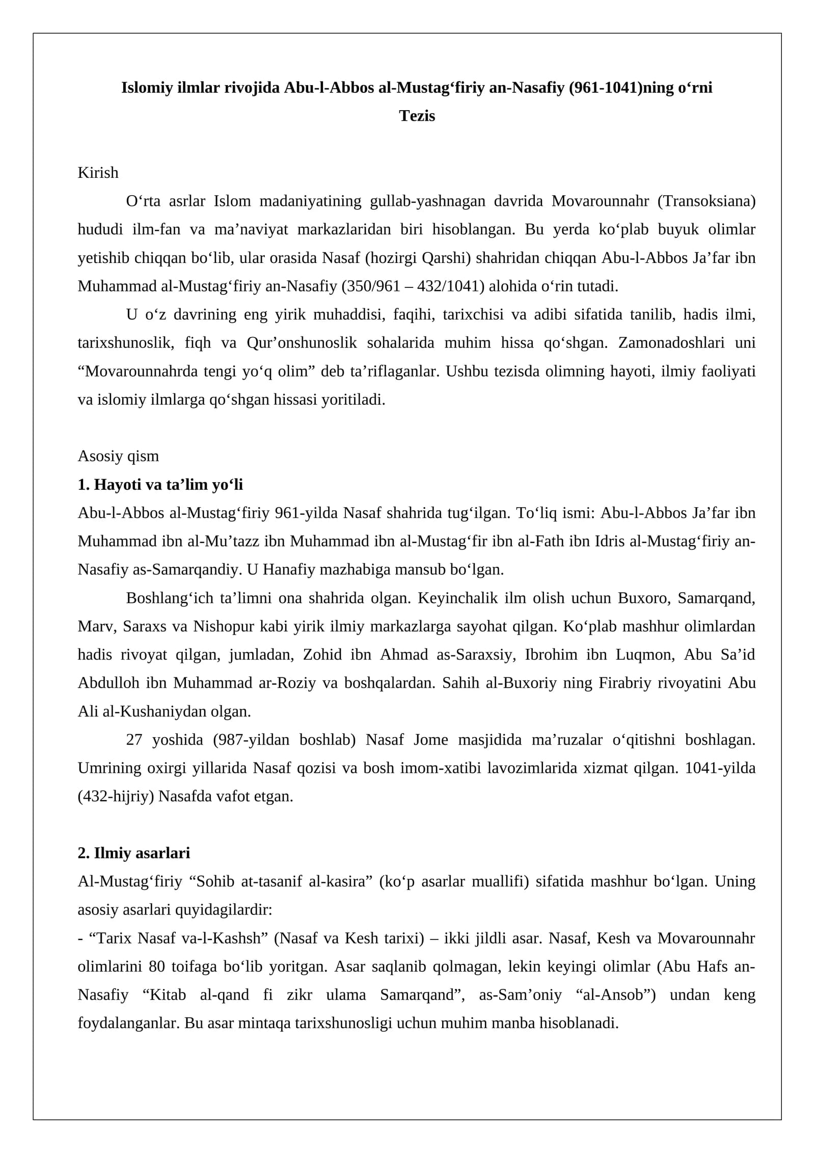 Islomiy ilmlar rivojida Abu-l-Abbos al-Mustagʻfiriy an-Nasafiy (961-1041)ning oʻrni