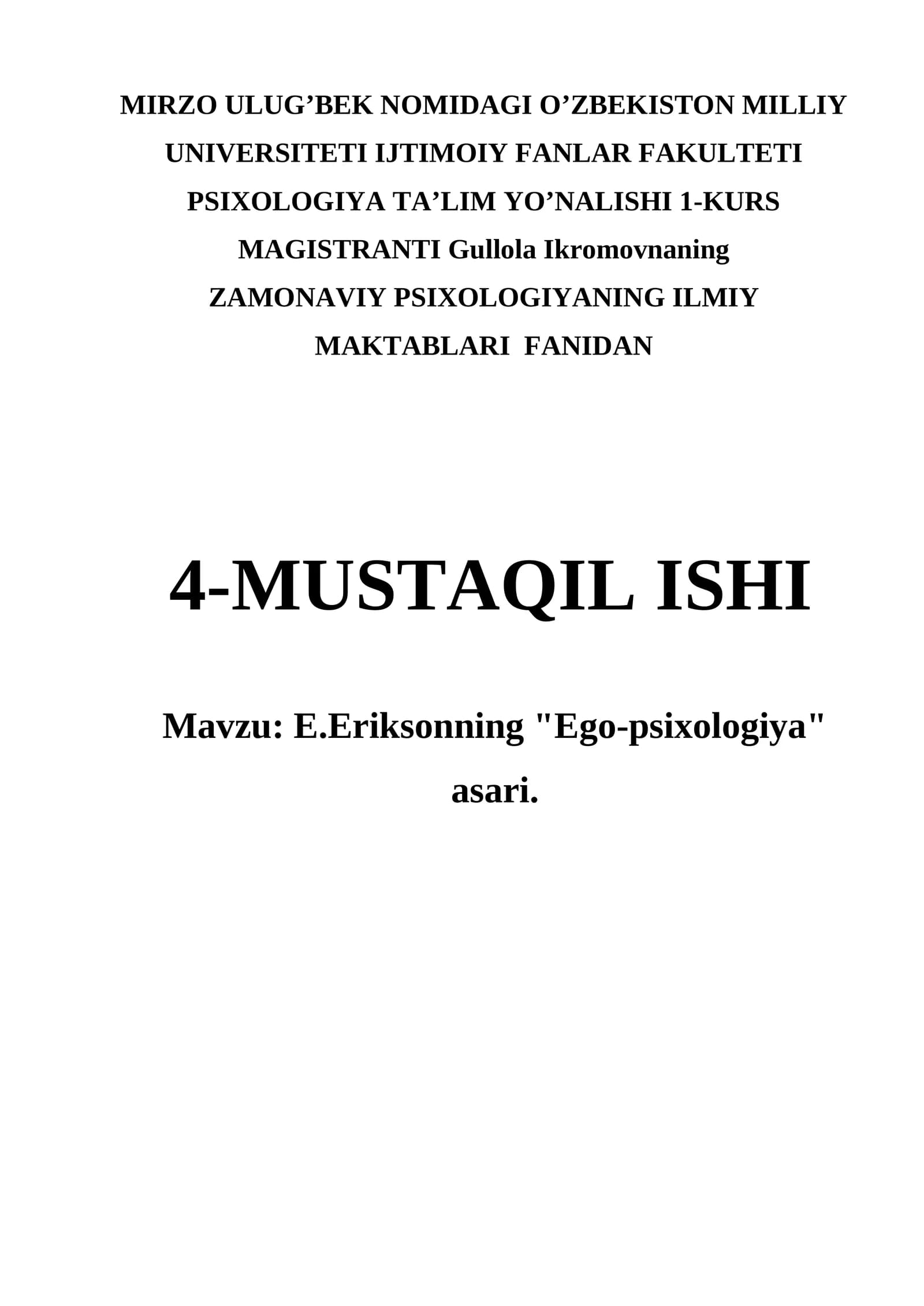 E.Eriksonning "Ego-psixologiya" asari