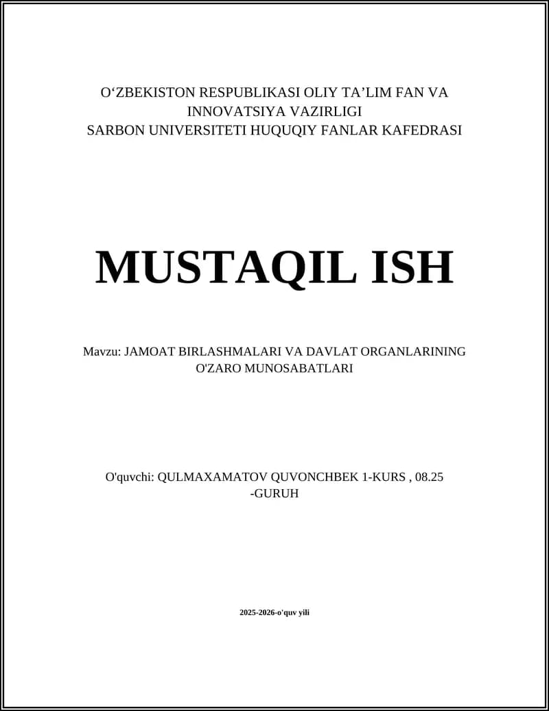 JAMOAT BIRLASHMALARI VA DAVLAT ORGANLARINING O'ZARO MUNOSABATLARI