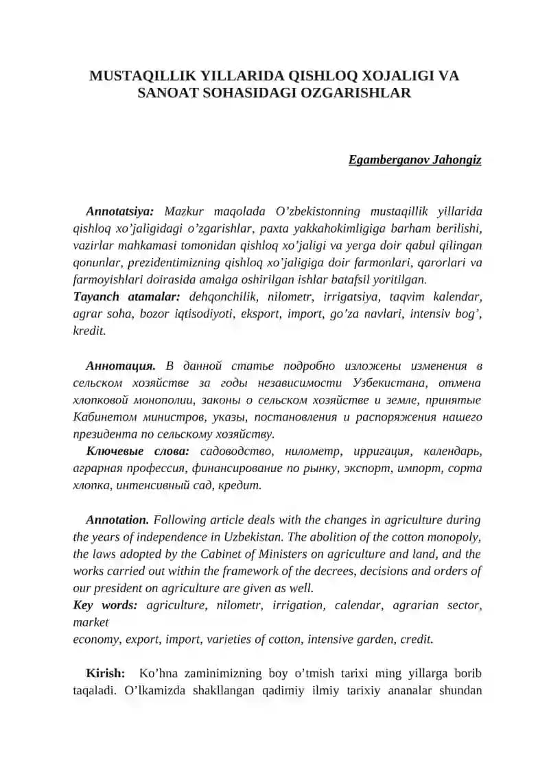 MUSTAQILLIK YILLARIDA QISHLOQ XOJALIGI VA SANOAT SOHASIDAGI OZGARISHLAR