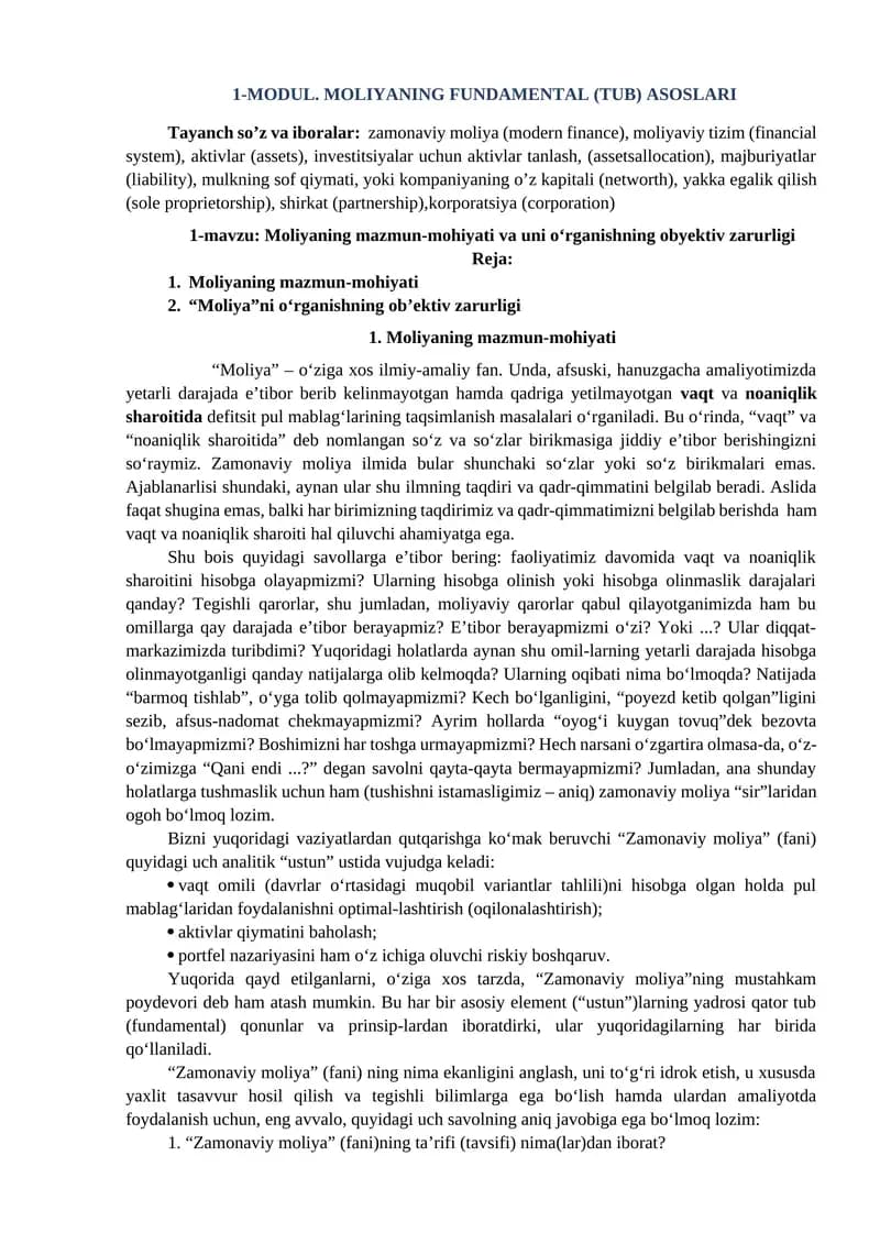 1-MODUL. MOLIYANING FUNDAMENTAL (TUB) ASOSLARI
