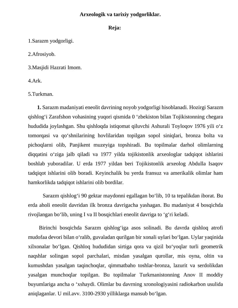 Arxeologik va tarixiy yodgorliklar