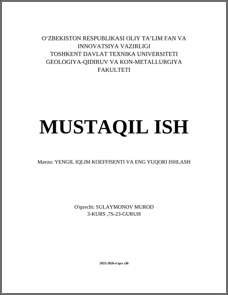 Yengil Iqlim Koeffisienti va Eng Yuqori Ishlash