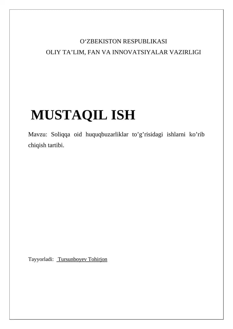 Soliqqa oid huquqbuzarliklar to’g’risidagi ishlarni ko’rib chiqish tartibi