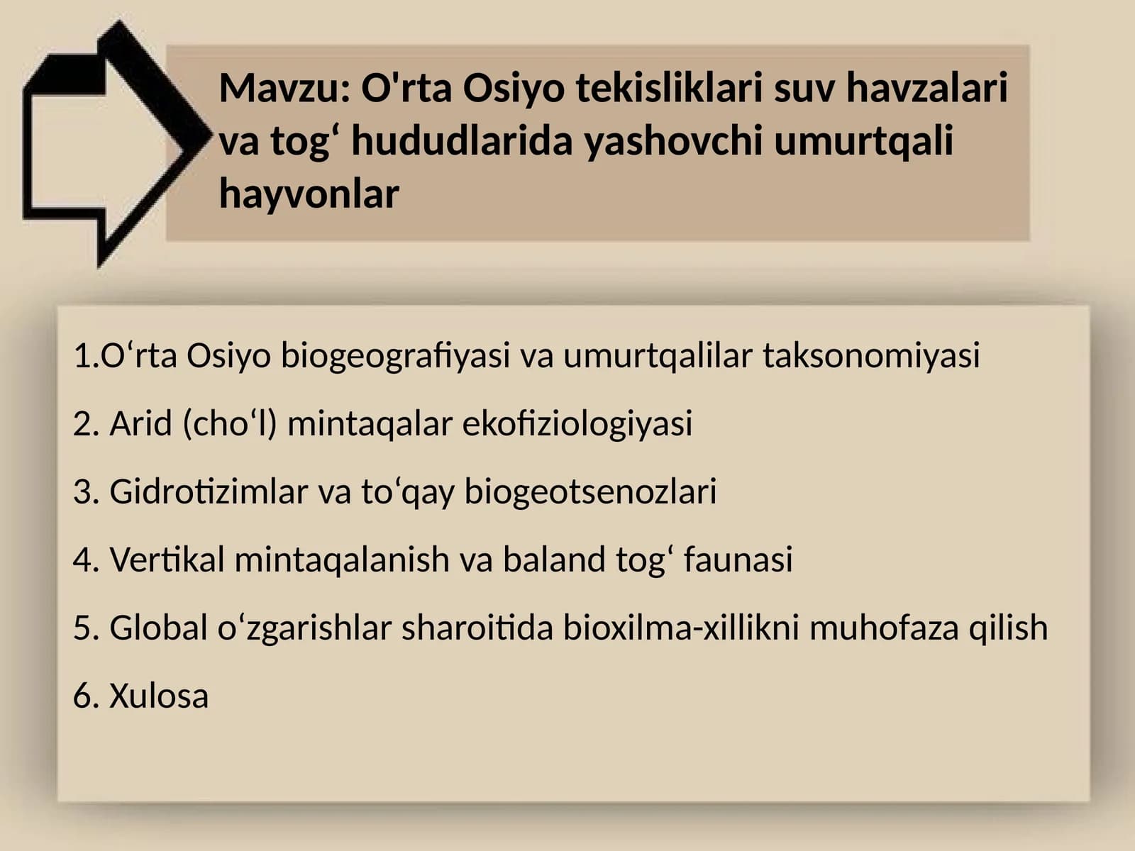 O'rta Osiyo tekisliklari suv havzalari va togʻ hududlarida yashovchi umurtqali hayvonlar