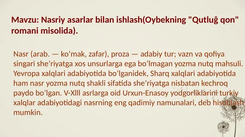 Nasriyasarlarbilanishlash(Oybekning"Qutluĝqon"romanimisolida)