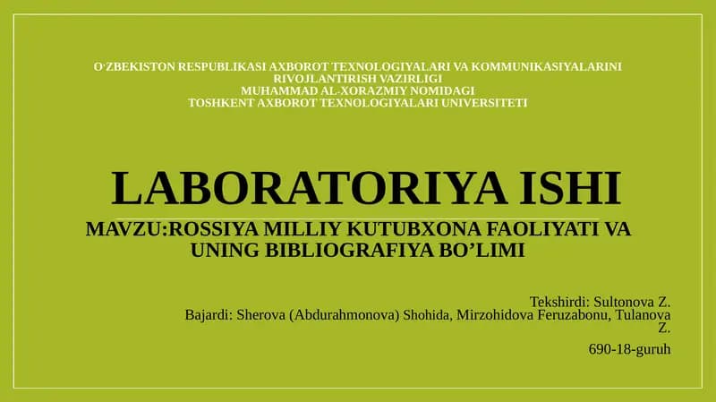 Rossiyamilliy kutubxona faoliyati va uning bibliografiya bo’limi