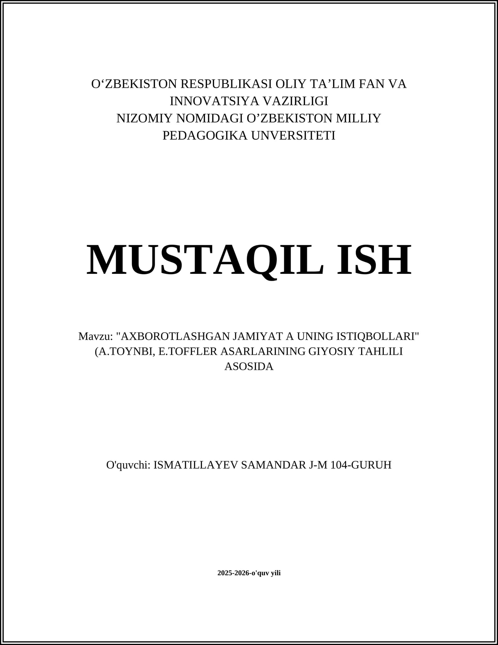 "AXBOROTLASHGAN JAMIYAT A UNING ISTIQBOLLARI"