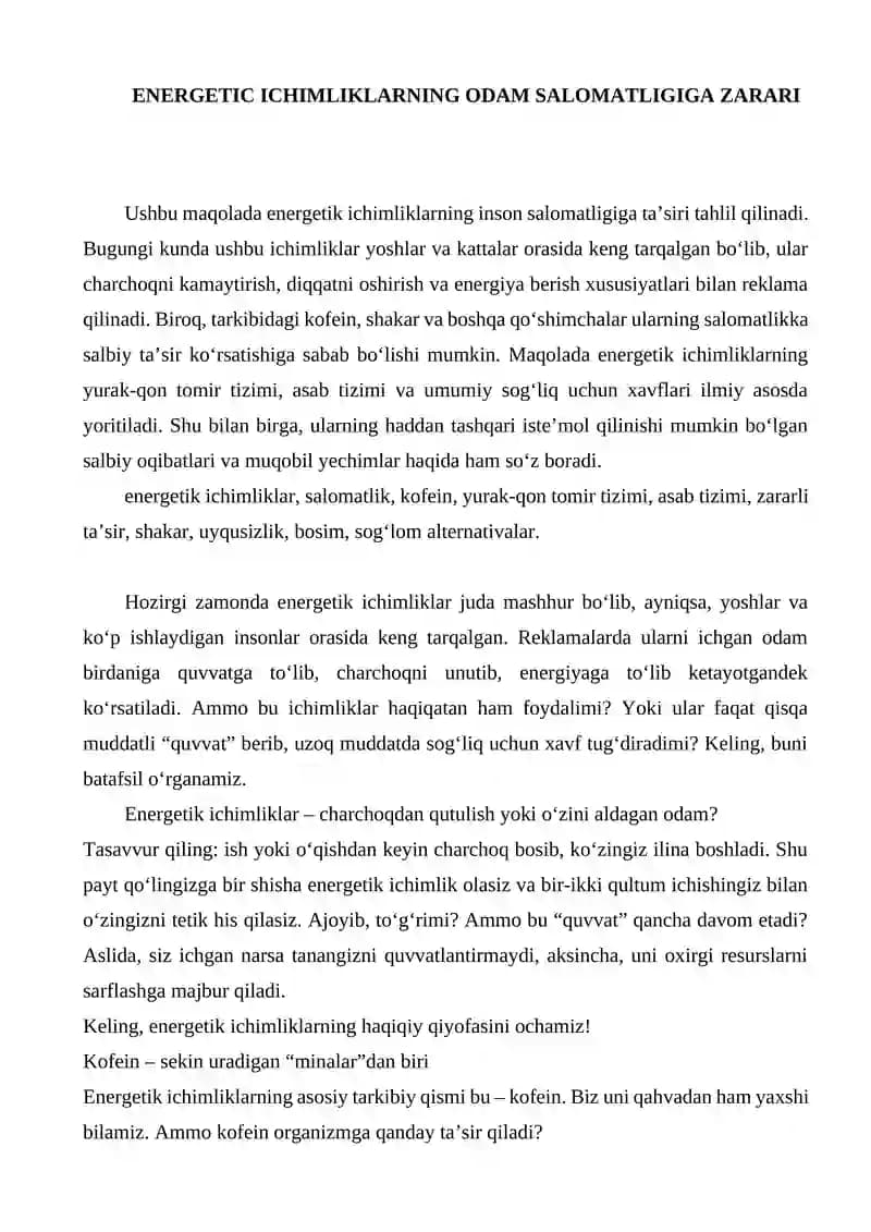 ENERGETIC ICHIMLIKLARNING ODAM SALOMATLIGIGA ZARARI