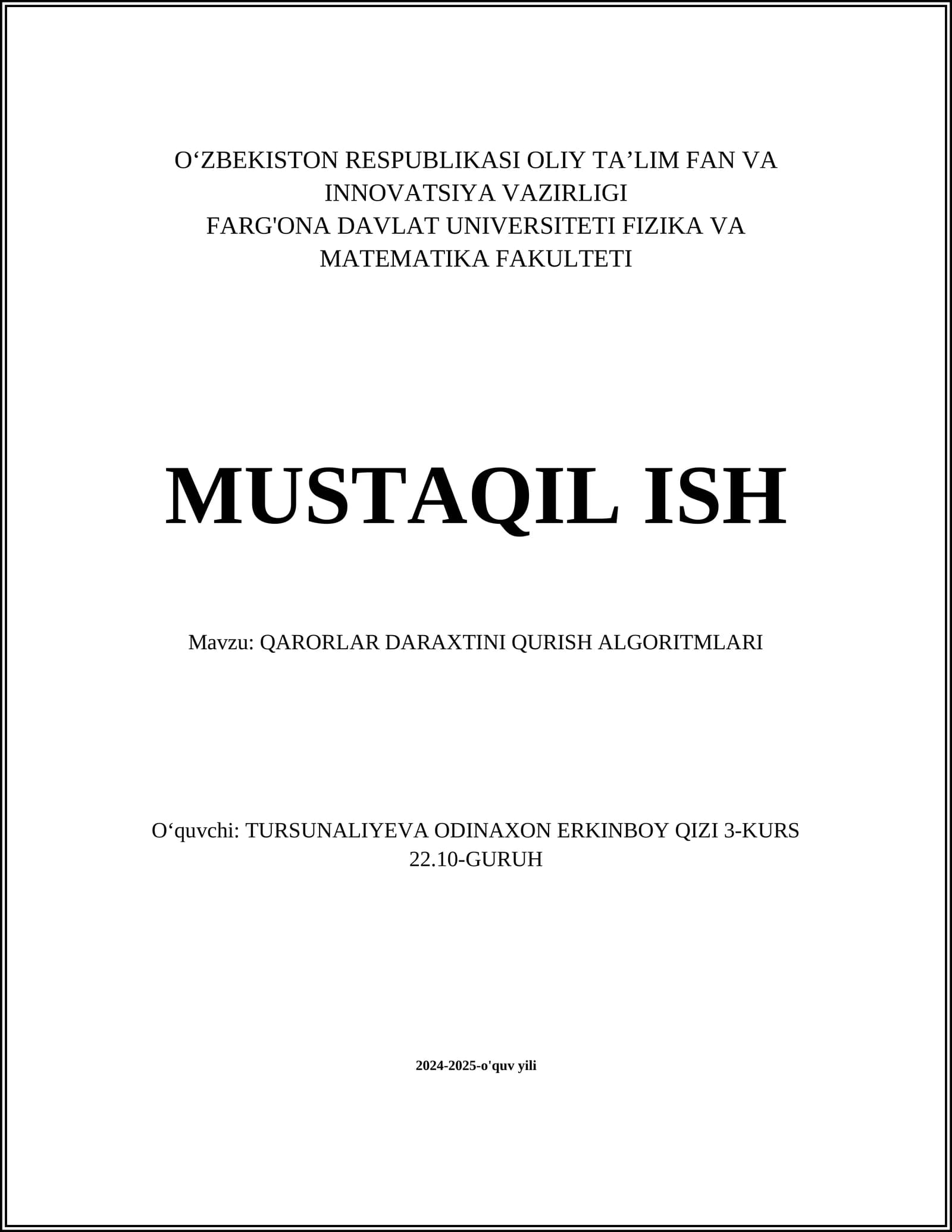 QARORLAR DARAXTINI QURISH ALGORITMLARI