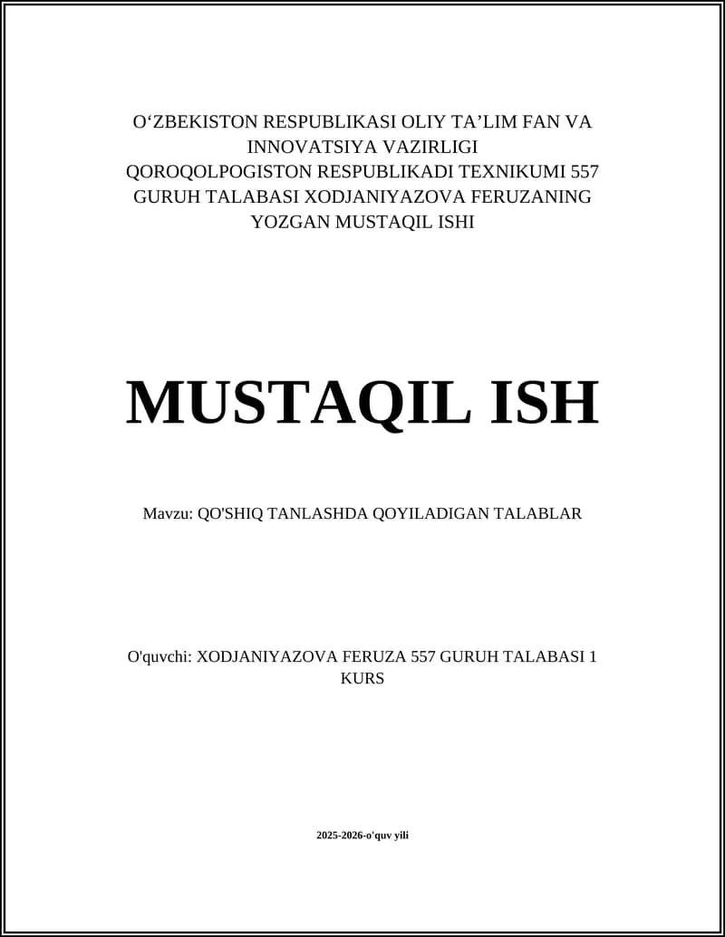QO'SHIQ TANLASHDA QOYILADIGAN TALABLAR