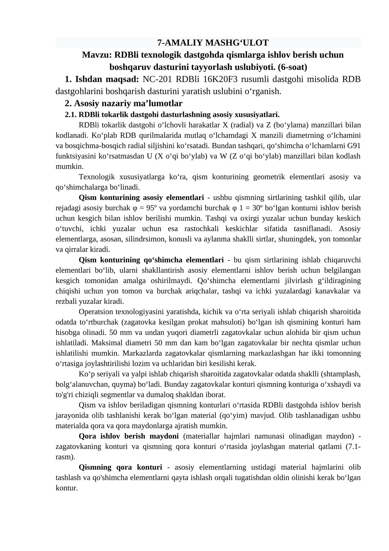 RDBli texnologik dastgohda qismlarga ishlov berish uchun boshqaruv dasturini tayyorlash