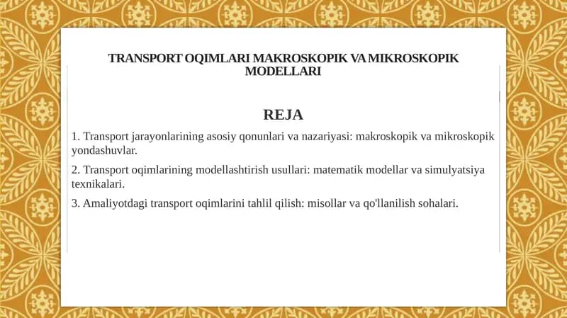 Transport oqimlari makroskopik va mikroskopik modellari