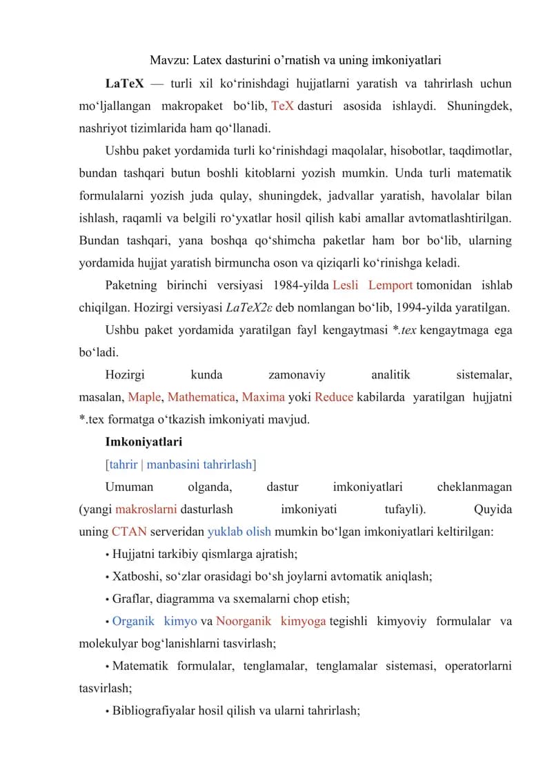 Latex dasturini o’rnatish va uning imkoniyatlari