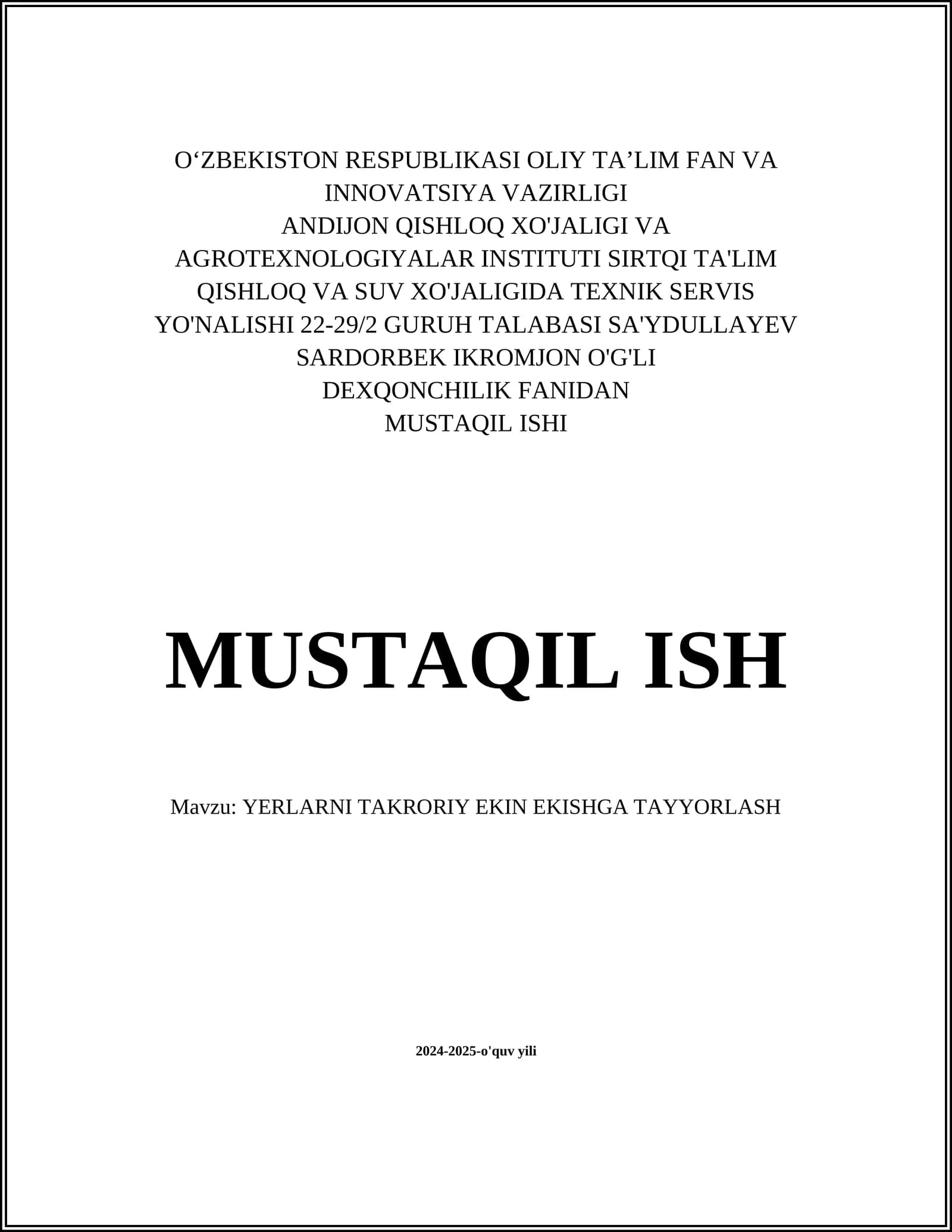 YERLARNI TAKRORIY EKIN EKISHGA TAYYORLASH