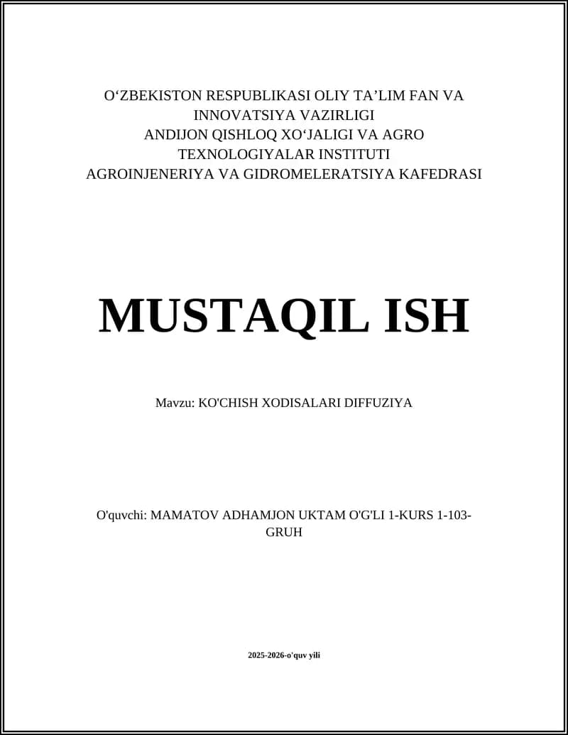 KO'CHISH XODISALARI DIFFUZIYA