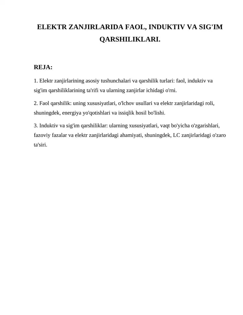 Elektr zanjirlarda faol, induktiv va sig'im qarshiliklari