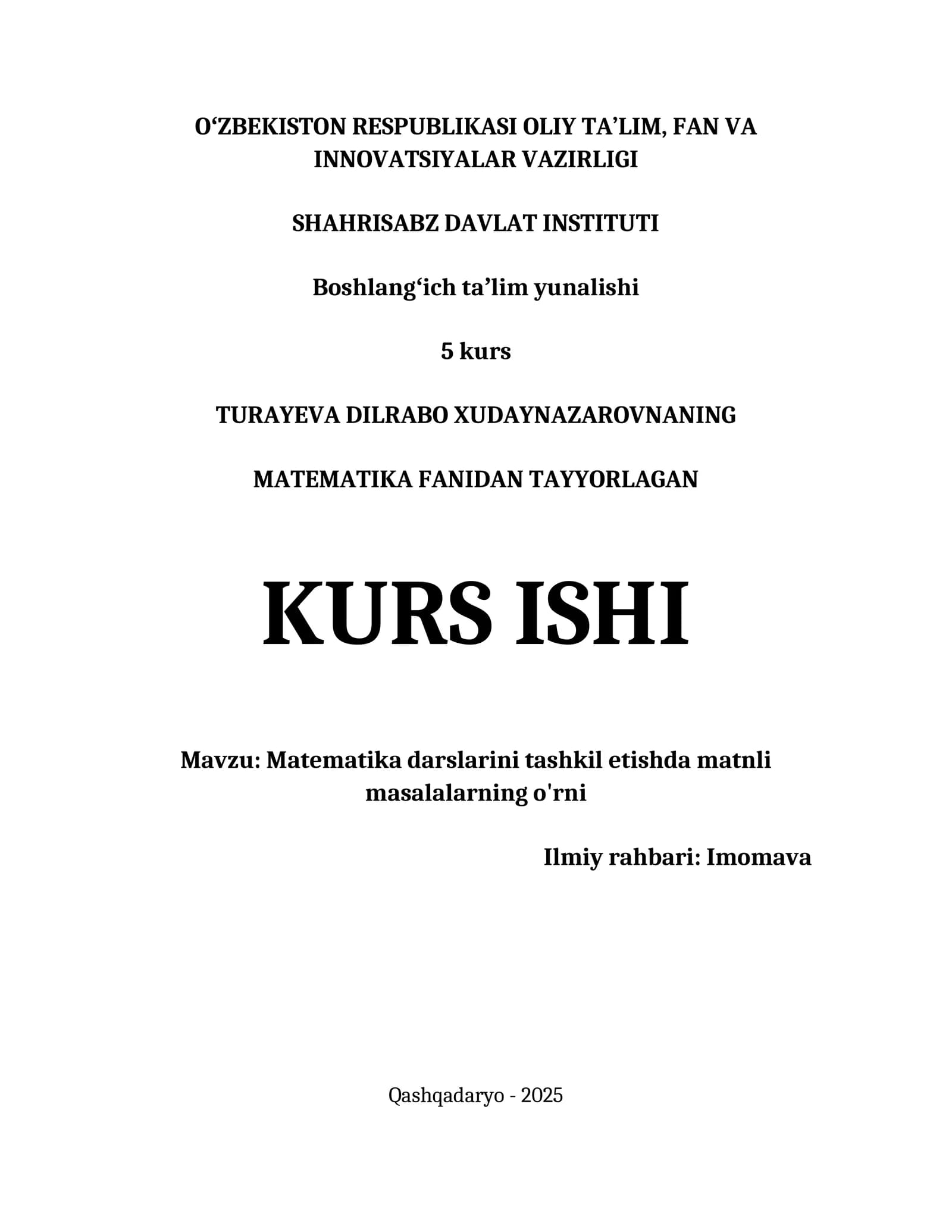 MATEMATIKA FANIDAN TAYYORLAGAN KURS ISHI