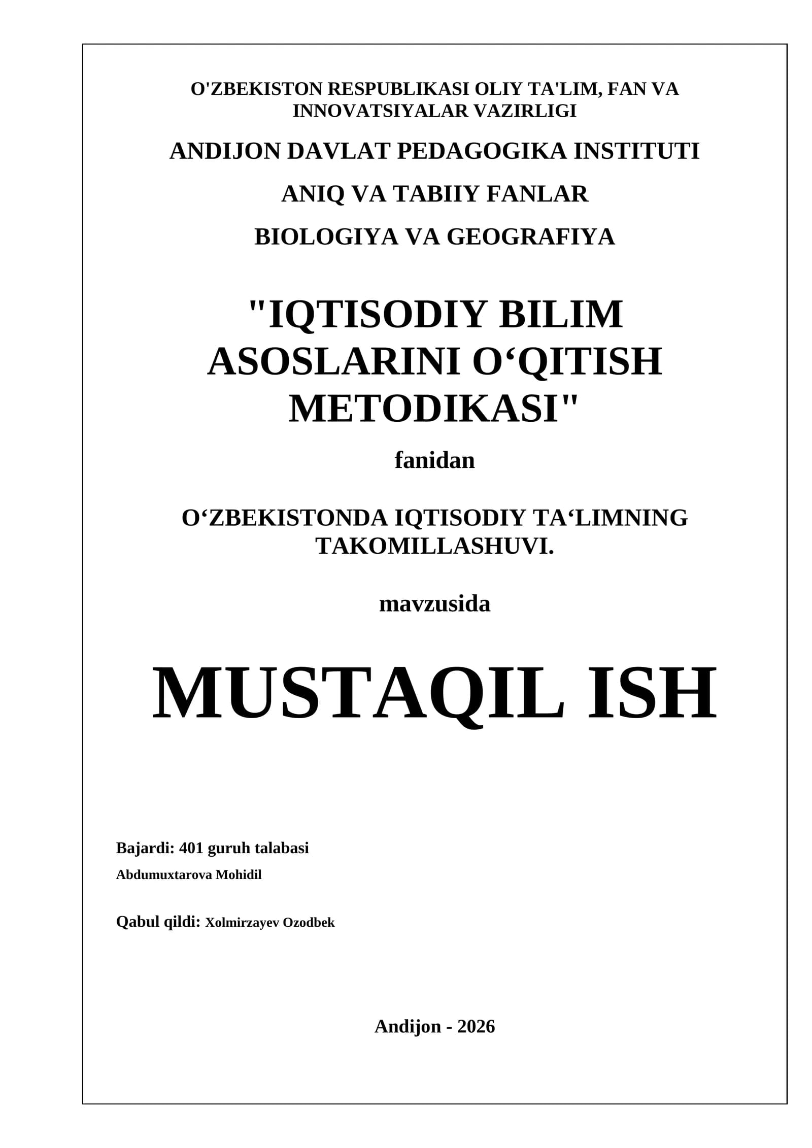 IQTISODIY BILIM ASOSLARINI OʻQITISH METODIKASI