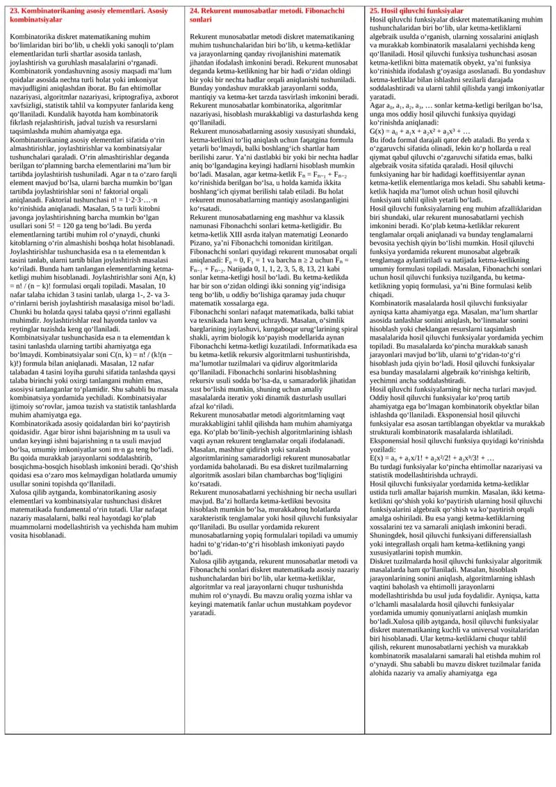 Kombinatorikaning asosiy elementlari. Asosiy kombinatsiyalar