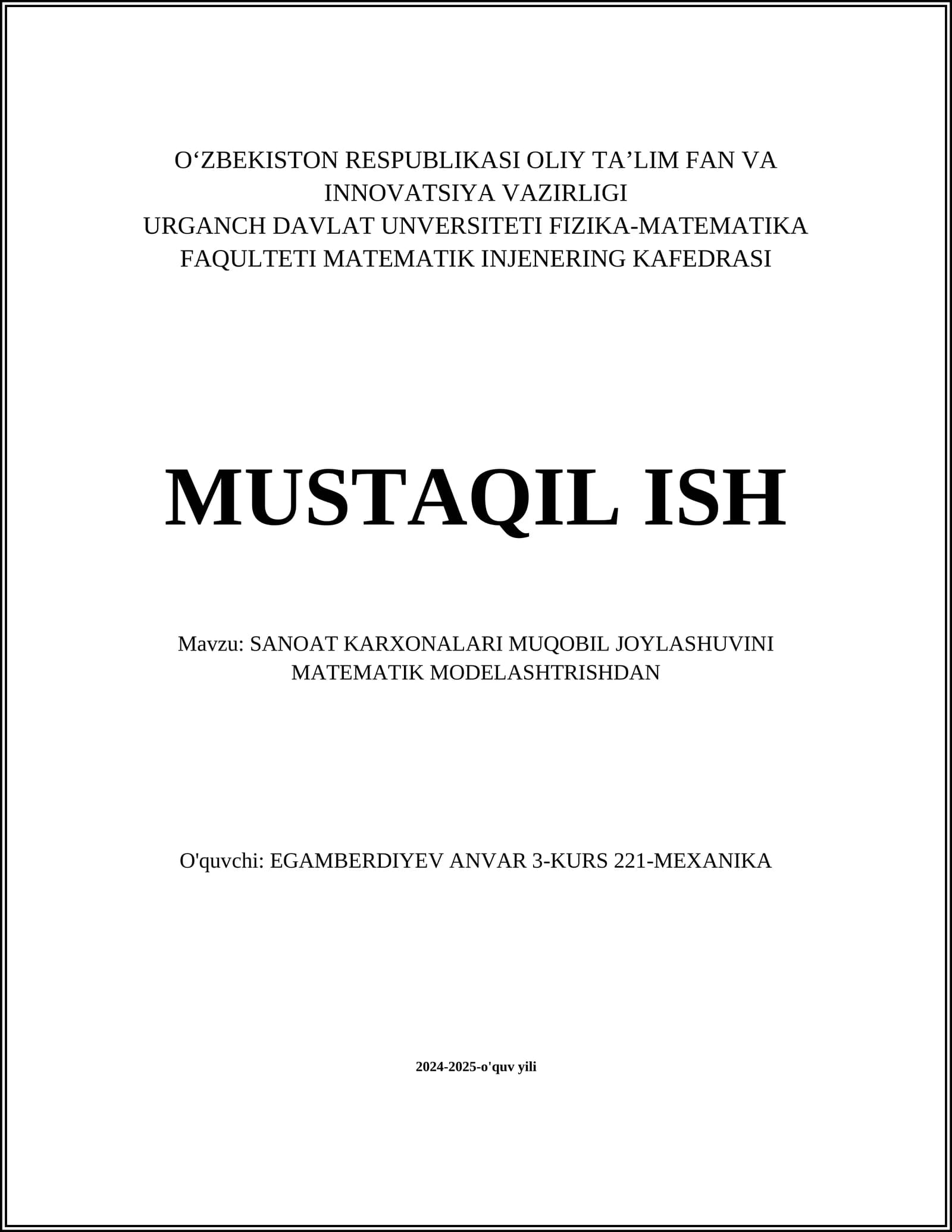 SANOAT KARXONALARI MUQOBIL JOYLASHUVINI MATEMATIK MODELASHTRISHDAN