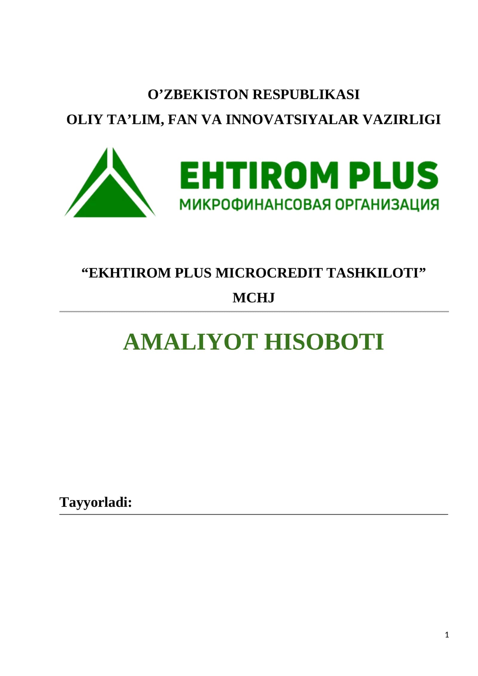 AMALIYOT HISOBOTI. "EKHTIROM PLUS MICROCREDIT TASHKILOTI"