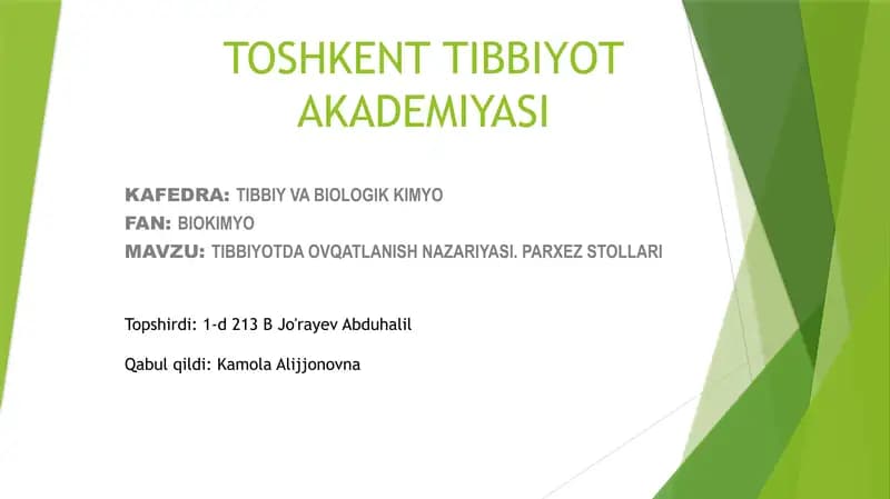 Tibbiyotda ovqatlanish nazariyasi. Parxez stollari
