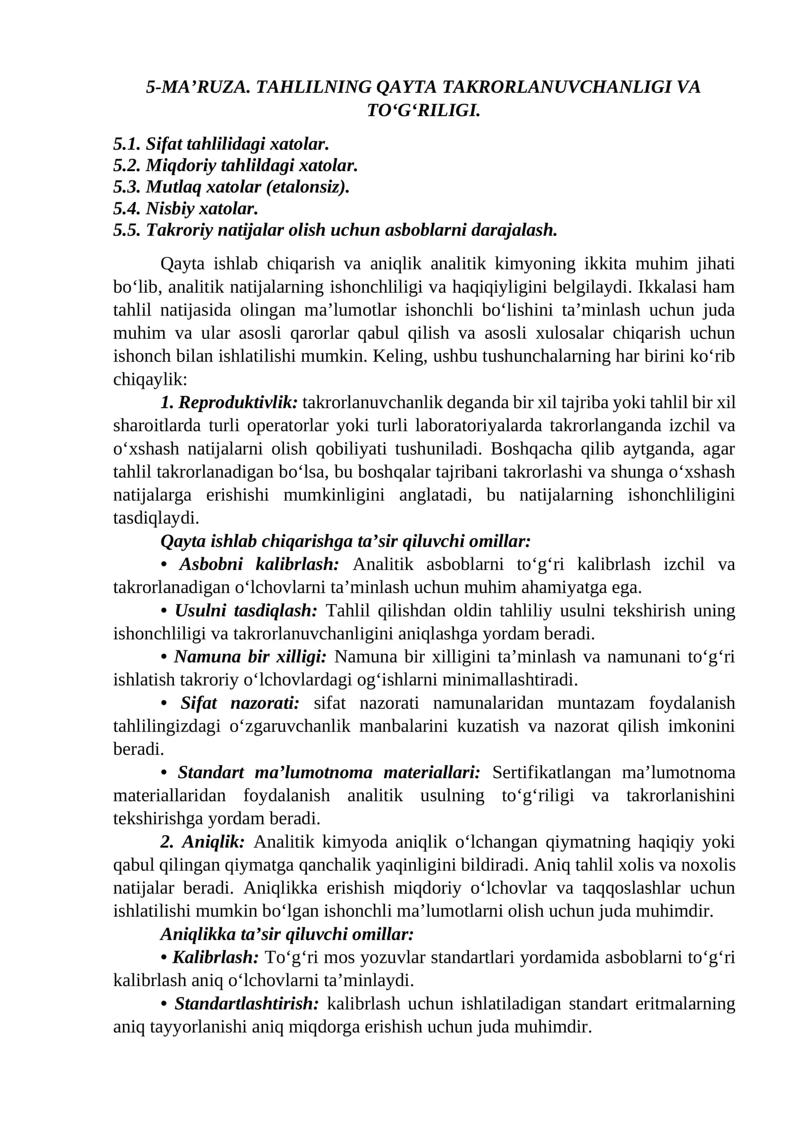 TAHLILNING QAYTA TAKRORLANUVCHANLIGI VA TO‘G‘RILIGI