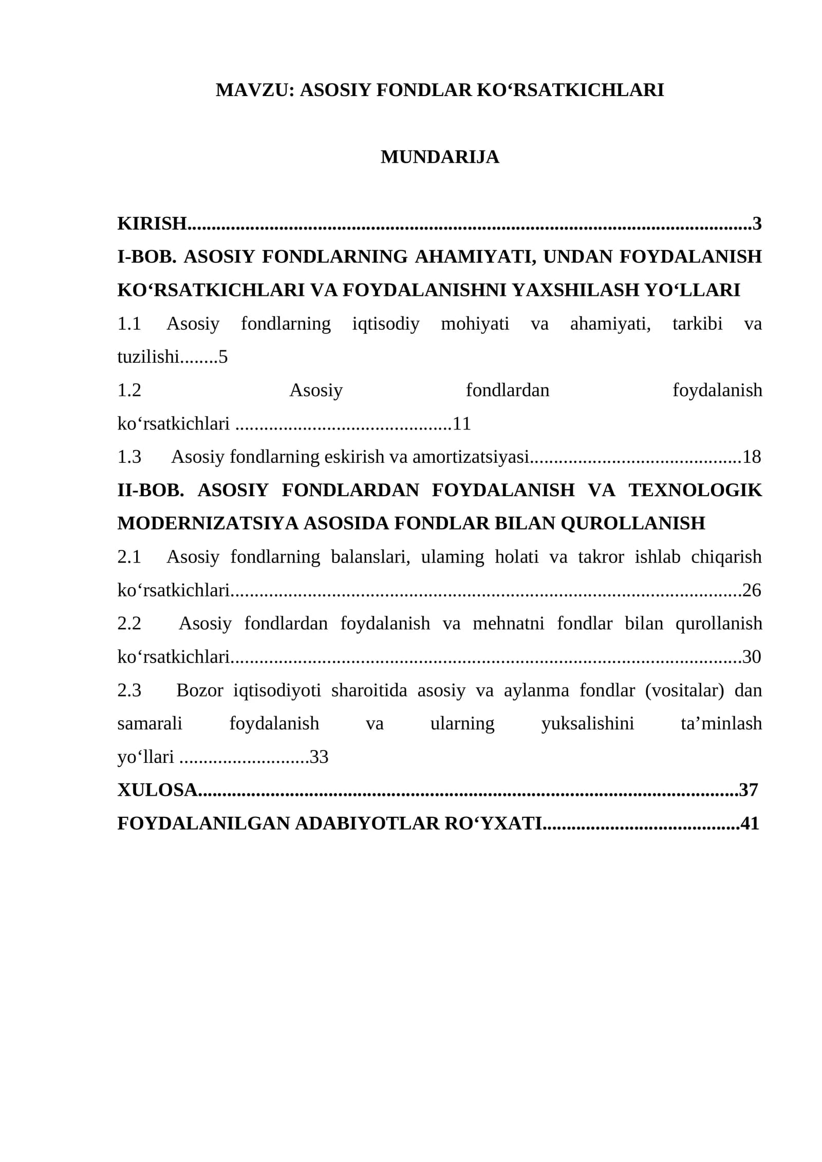 ASOSIY FONDLAR KO‘RSATKICHLARI KURS ISHI