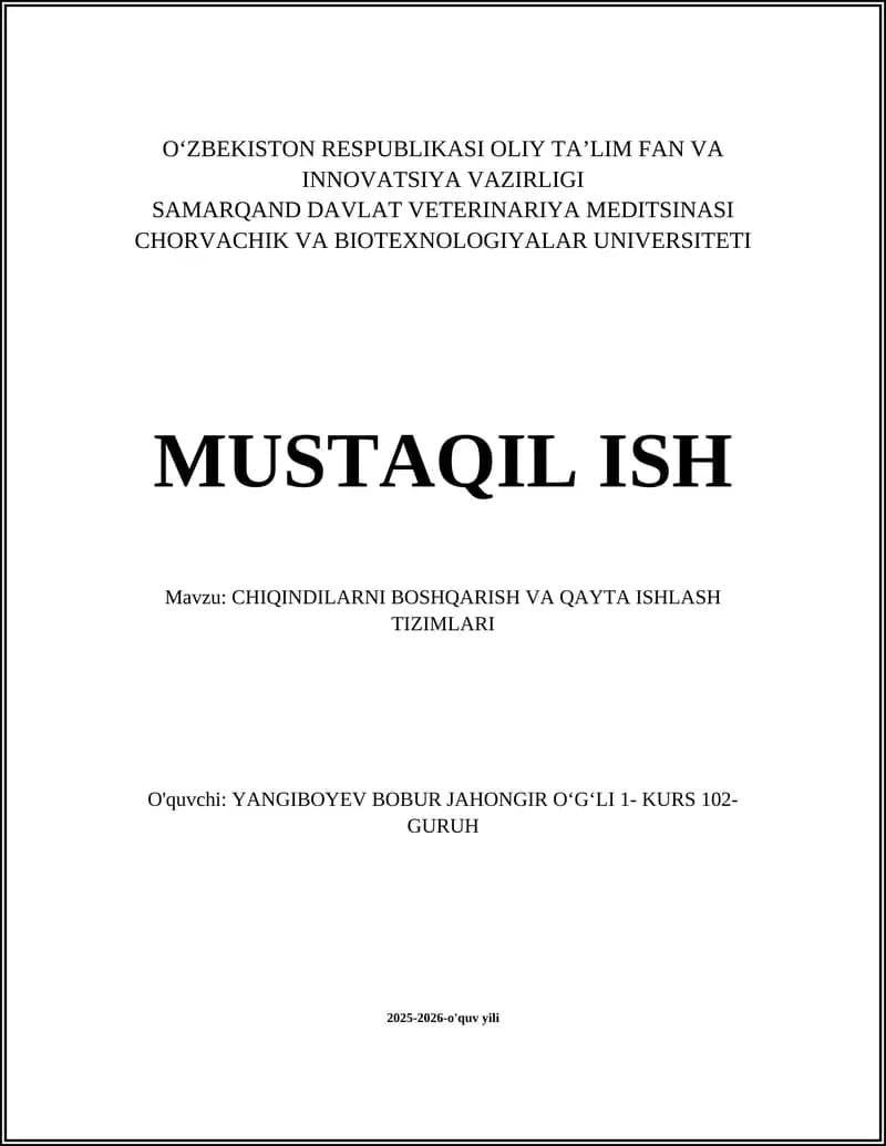 CHIQINDILARNI BOSHQARISH VA QAYTA ISHLASH TIZIMLARI
