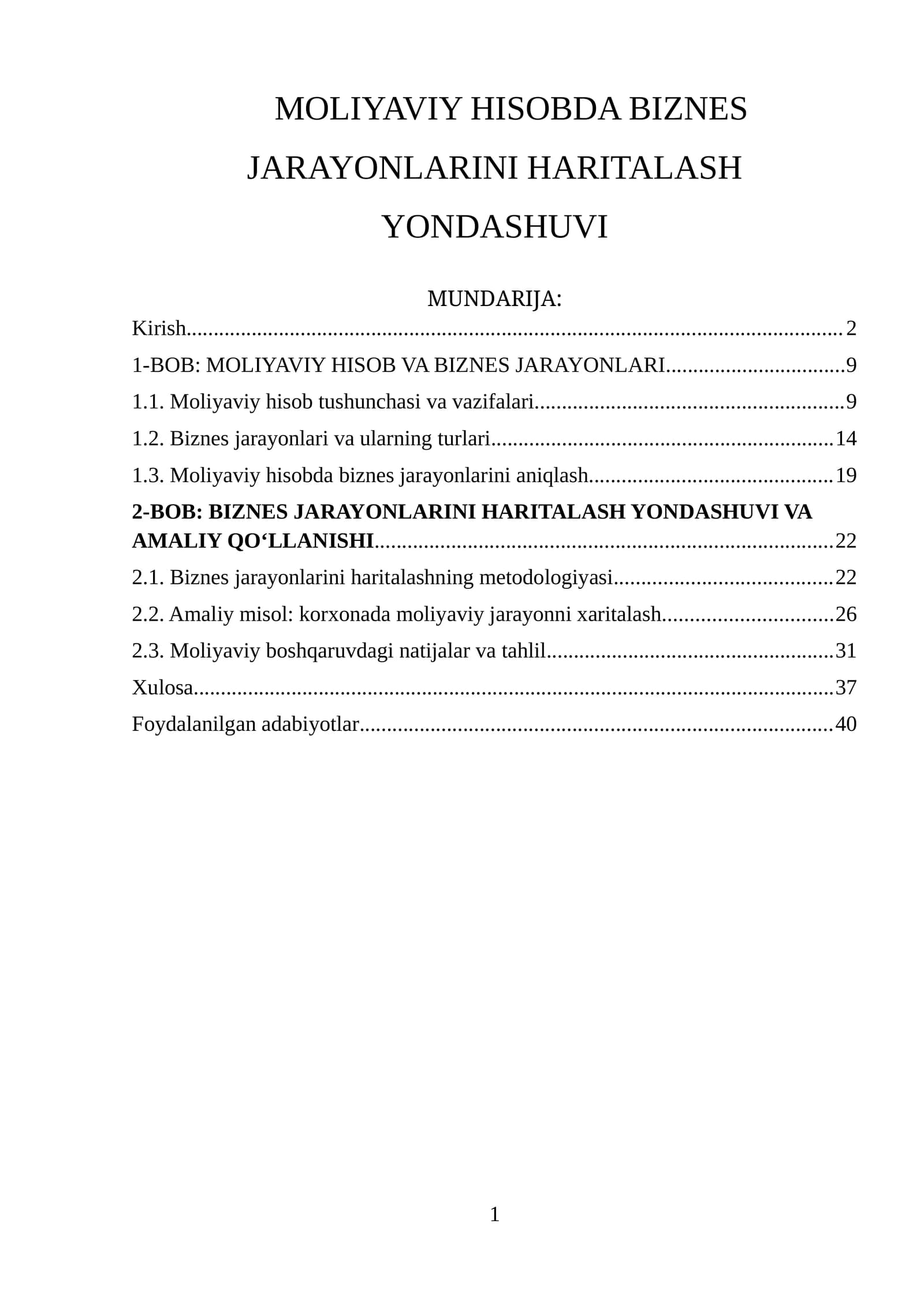 MOLIYAVIY HISOBDA BIZNES JARAYONLARINI HARITALASH YONDASHUVI