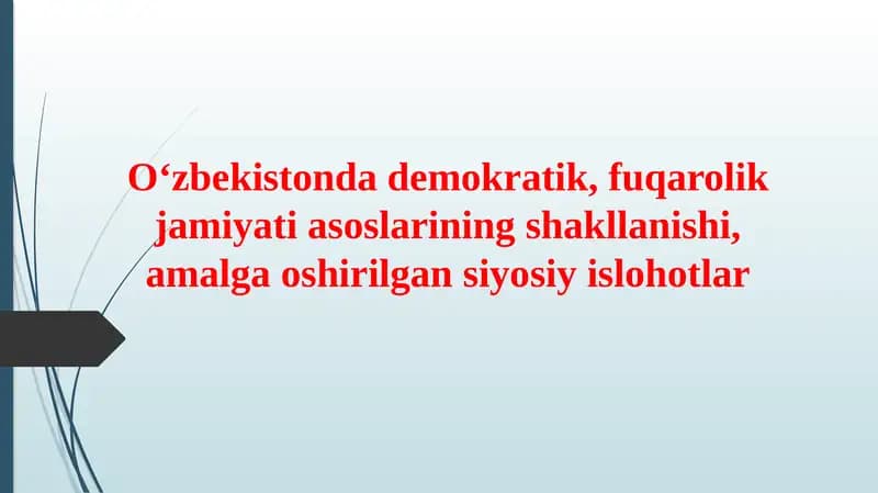 Oʻzbekistonda demokratik, fuqarolik jamiyati asoslarining shakllanishi, amalga oshirilgan siyosiy islohotlar