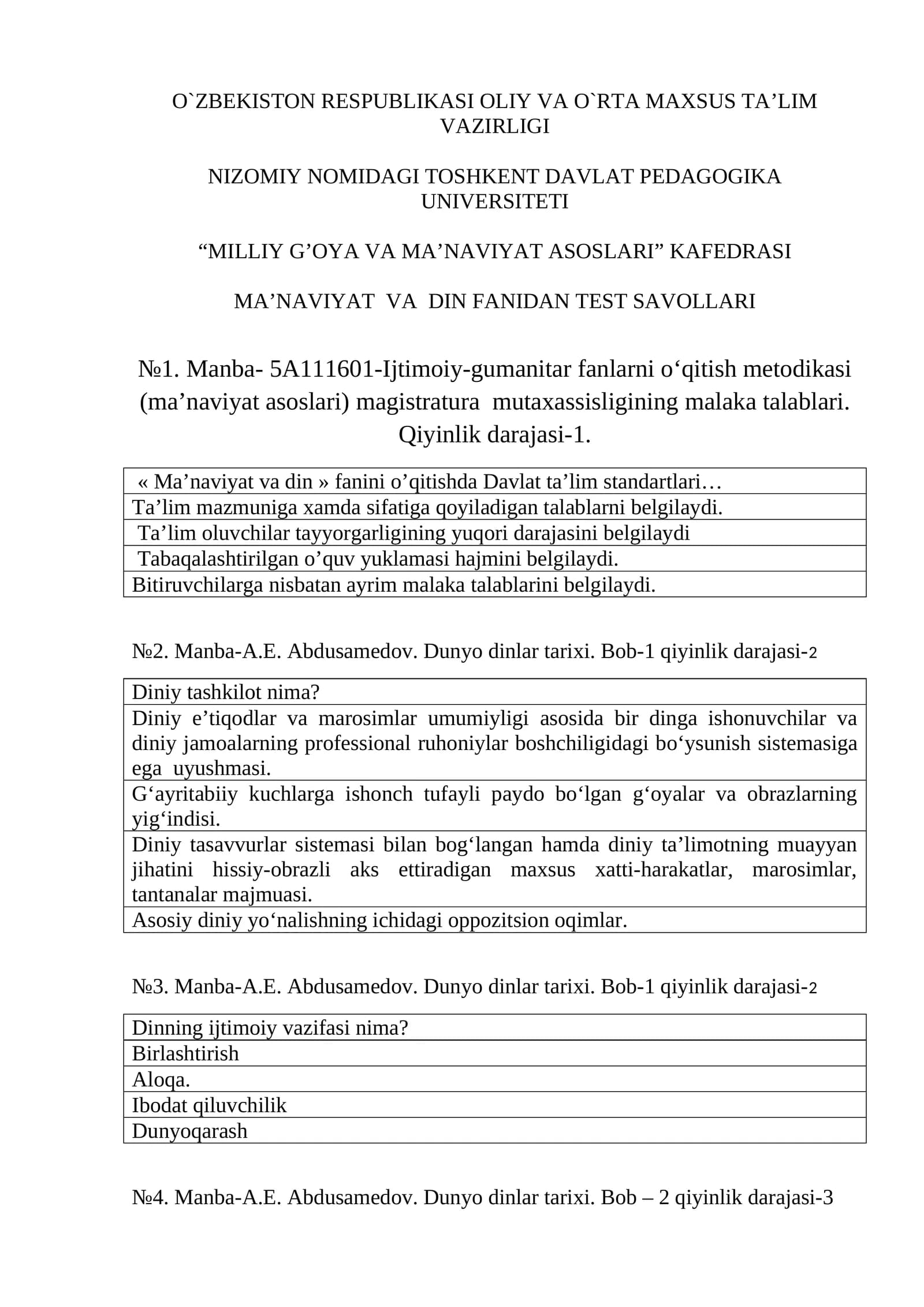MA’NAVIYAT VA DIN FANIDAN TEST SAVOLLARI