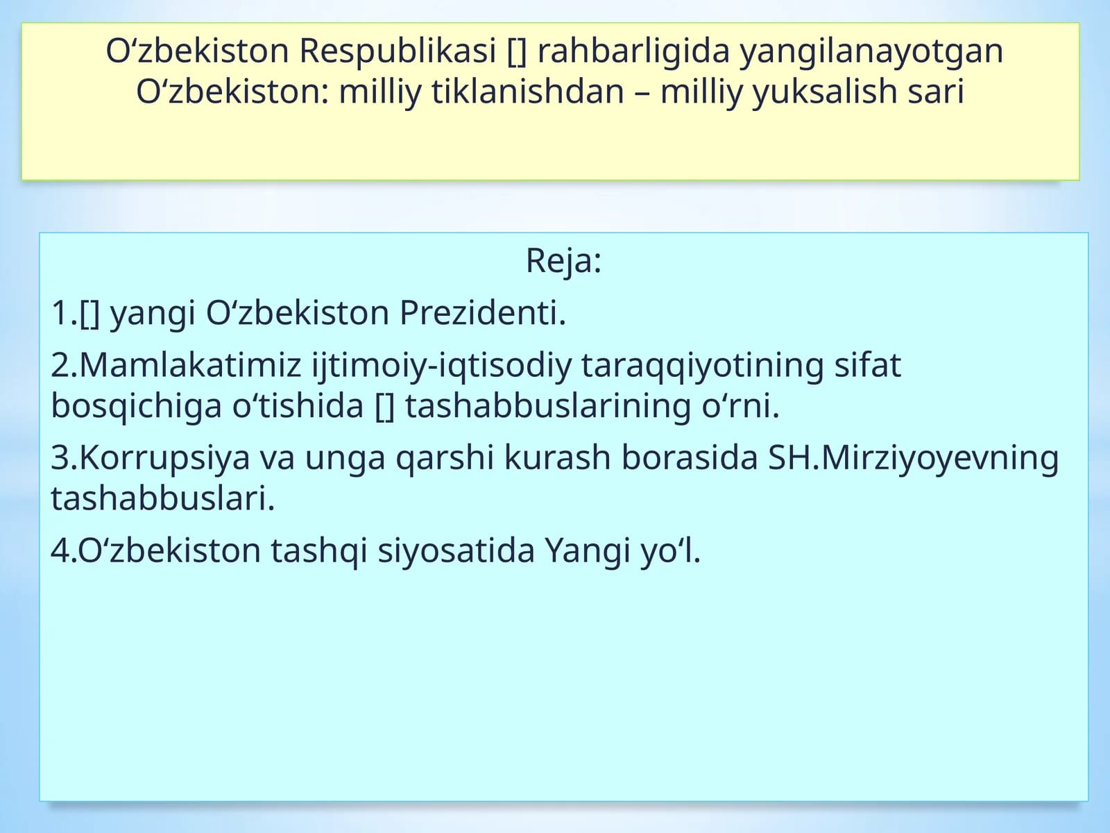 О‘zbekiston: milliy tiklanishdan – milliy yuksalish sari