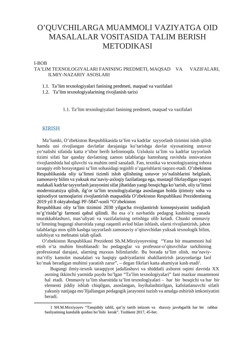 O'QUVCHILARGA MUAMMOLI VAZIYATGA OID MASALALAR VOSITASIDA TALIM BERISH METODIKASI