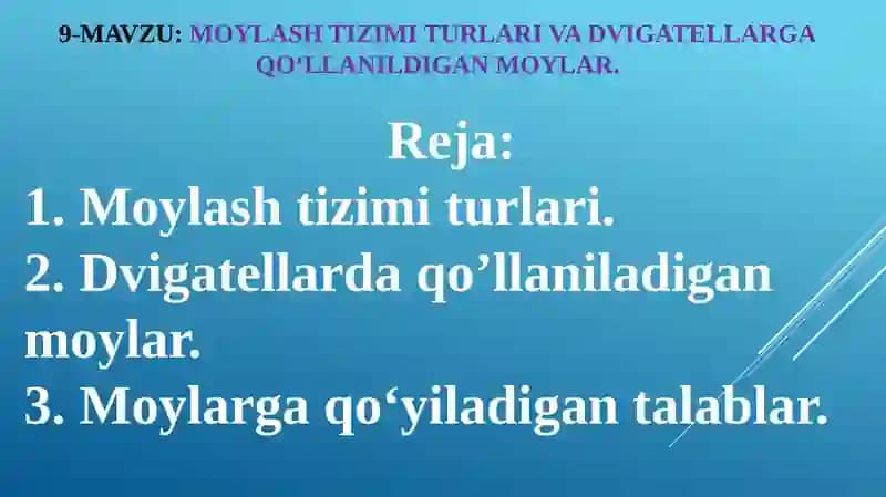 Moylash tizimi turari va dvigatellarga qo'llanildigan molyar