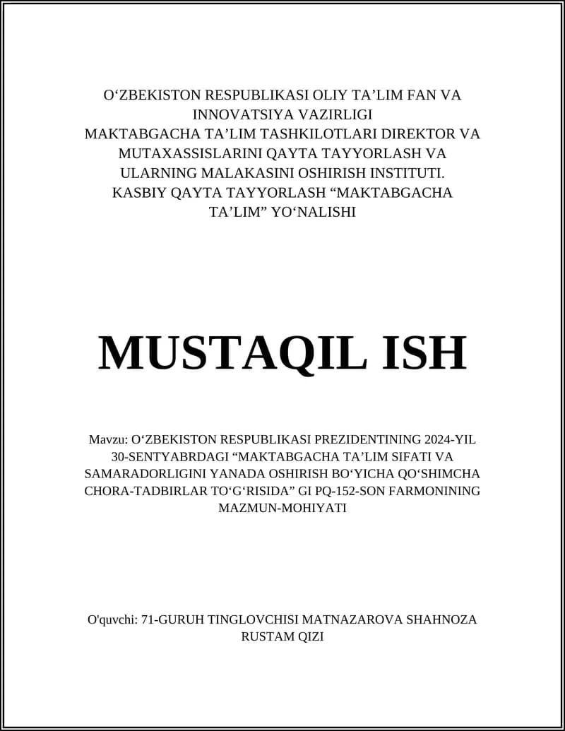 O'ZBEKISTON RESPUBLIKASI PREZIDENTINING 2024-YIL 30-SENTYABRDAGI MAKTABGACHA TA'LIM SIFATI