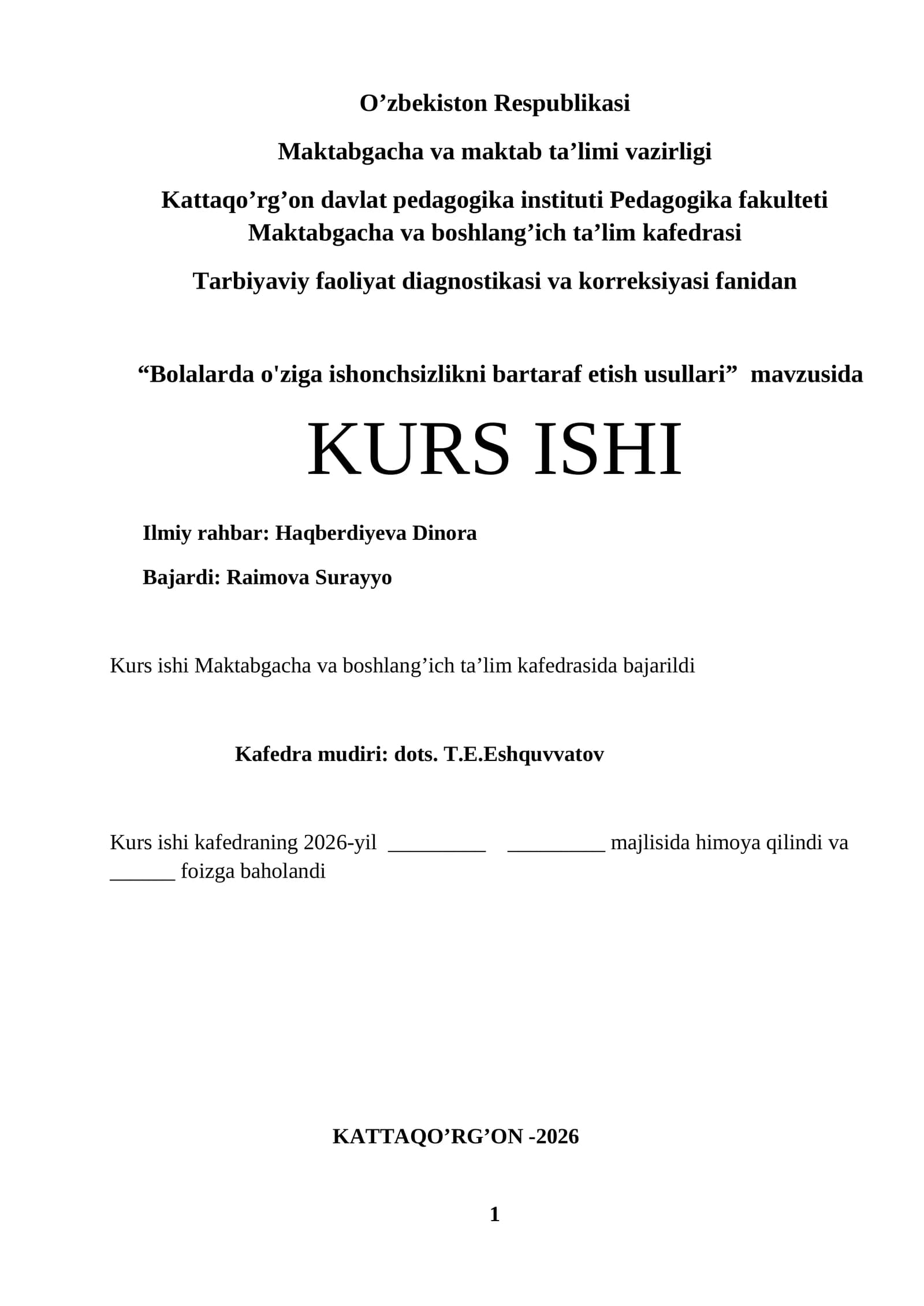 BOLALARDA O'ZIGA ISHONCHSIZLIKNI BARTARAF ETISH USULLARI