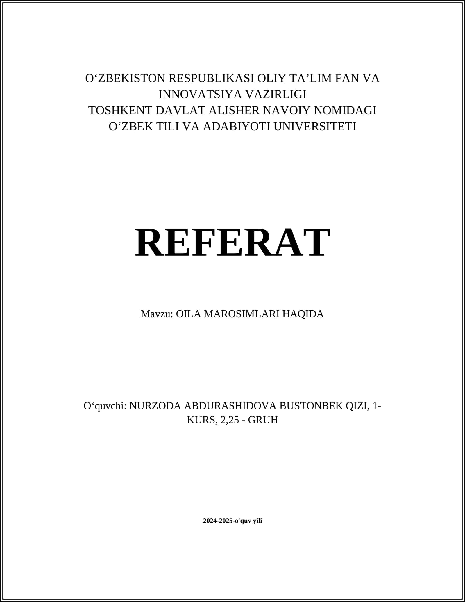 OILA MAROSIMLARI HAQIDA