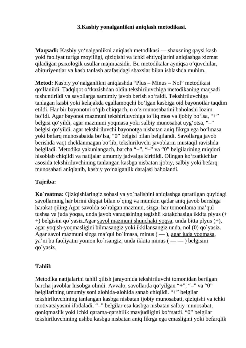 Kasbiy yonalganlikni aniqlash metodikasi