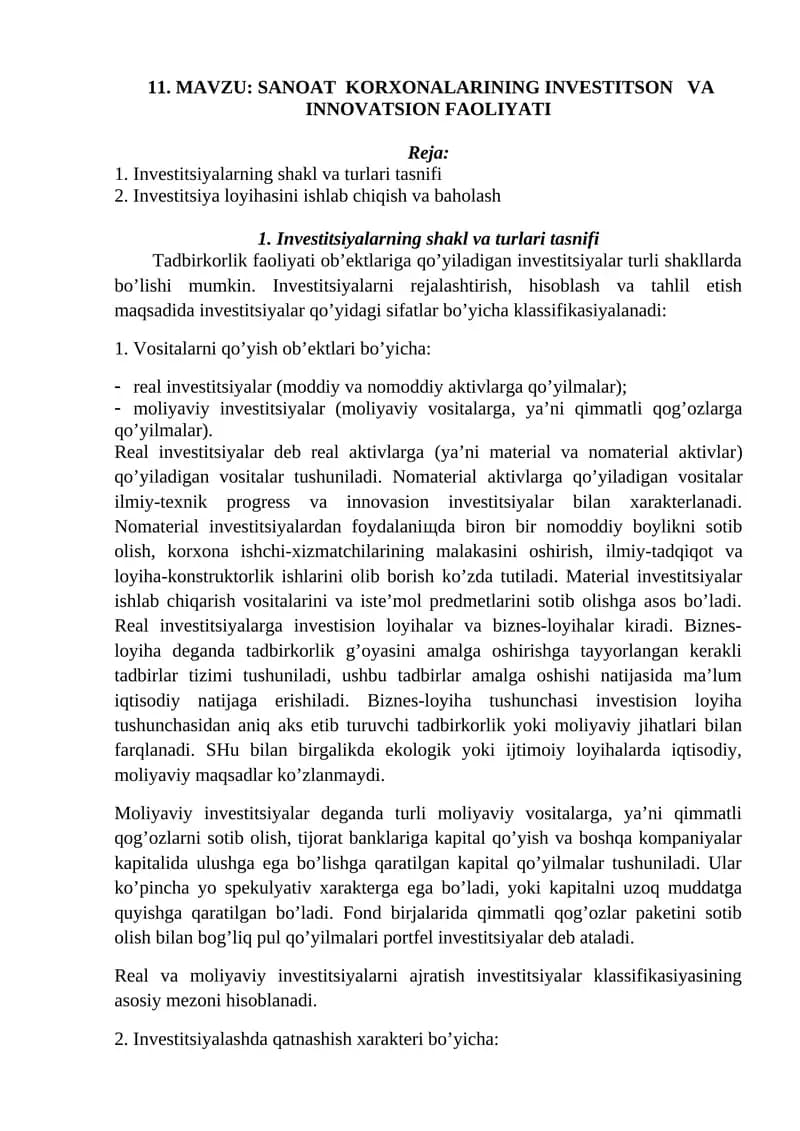 SANOAT KORXONALARINING INVESTITSON VA INNOVATSION FAOLIYATI