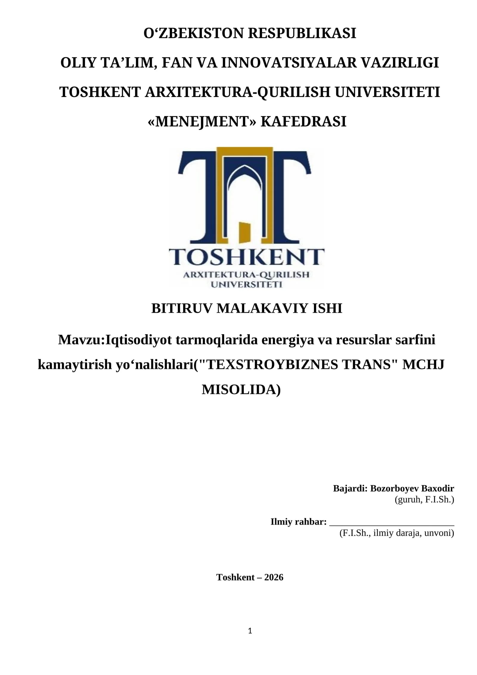Iqtisodiyot tarmoqlarida energiya va resurslar sarfini kamaytirish yo‘nalishlari