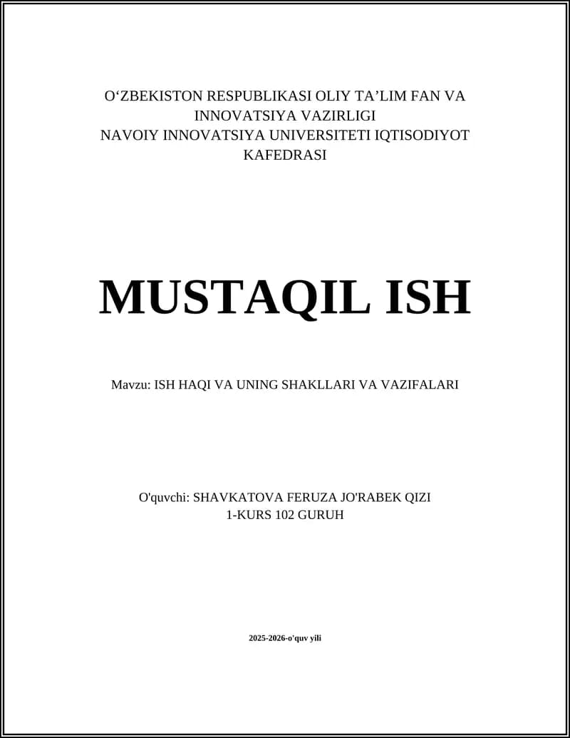 ISH HAQI VA UNING SHAKLLARI VA VAZIFALARI