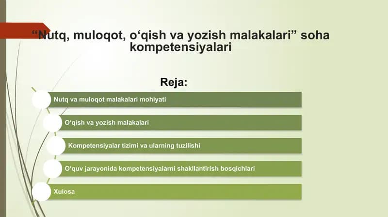 “Nutq, muloqot, o‘qish va yozish malakalari” soha kompetensiyalari taqdimot