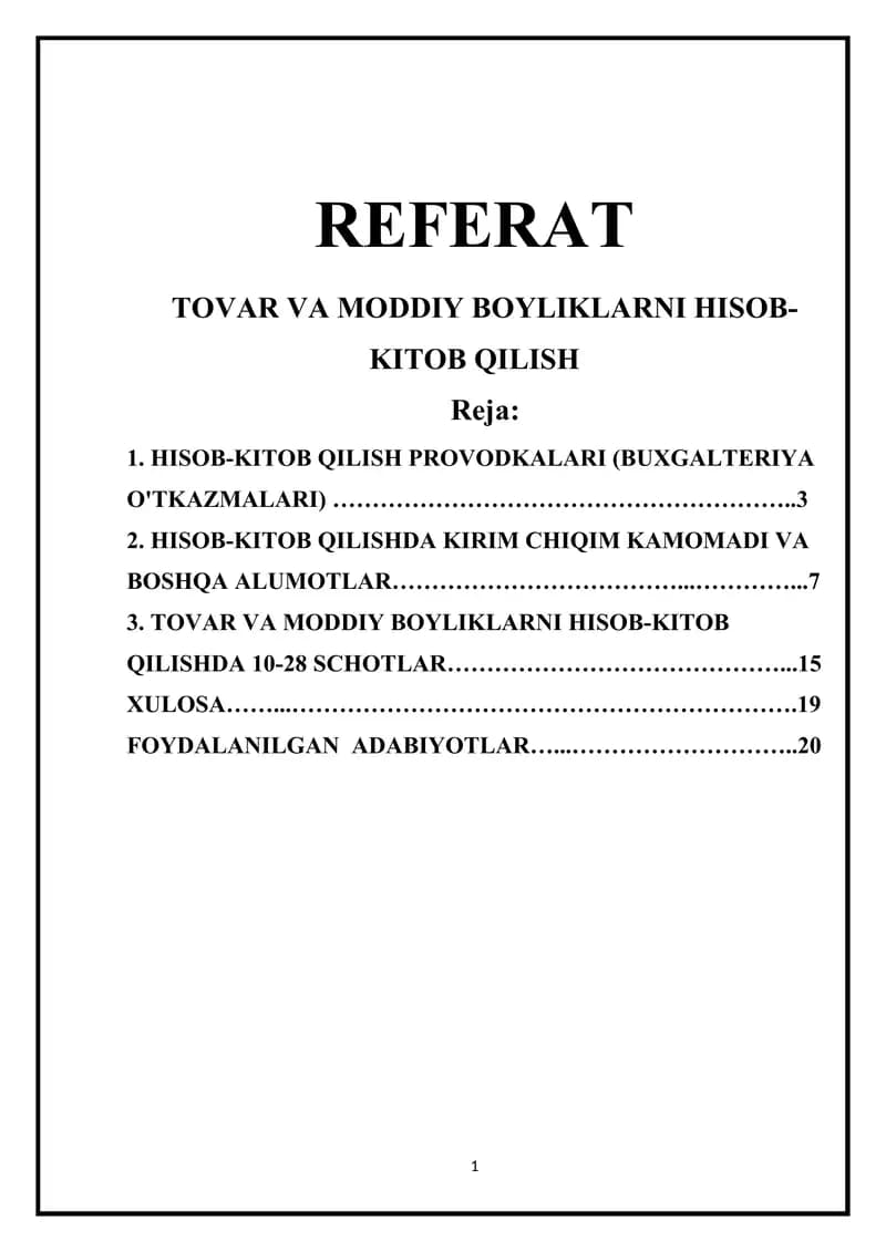 REFERAT, TOVAR VA MODDIY BOYLIKLARNI HISOB-KITOB QILISH