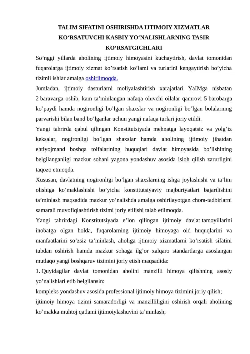 IJTIMOIY XIZMATLAR KOʻRSATUVCHI KASBIY YOʻNALISHLARNING TASIR KOʻRSATGICHLARI