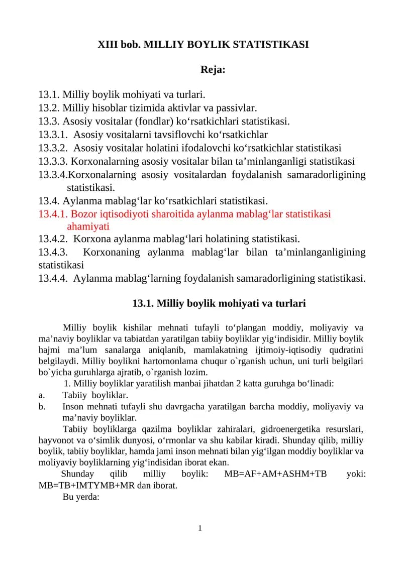XIII bob. MILLIY BOYLIK STATISTIKASI