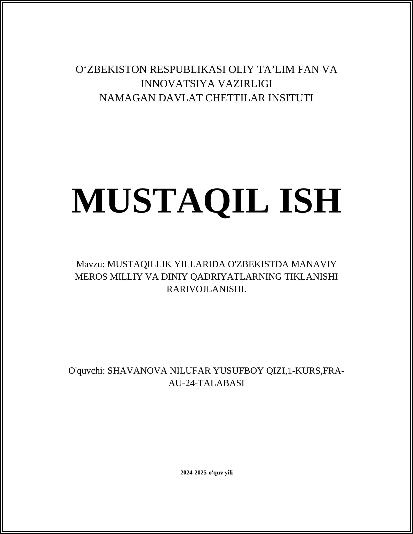 MUSTAQILLIK YILLARIDA O'ZBEKISTDA MANAVIY MEROS MILLIY VA DINIY QADRIYATLARNING TIKLANISHI RARIVOJLANISHI