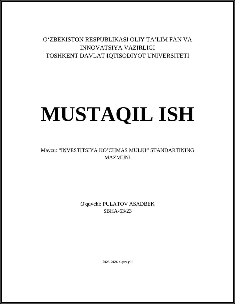 "INVESTITSIYA KO’CHMAS MULKI" standarti