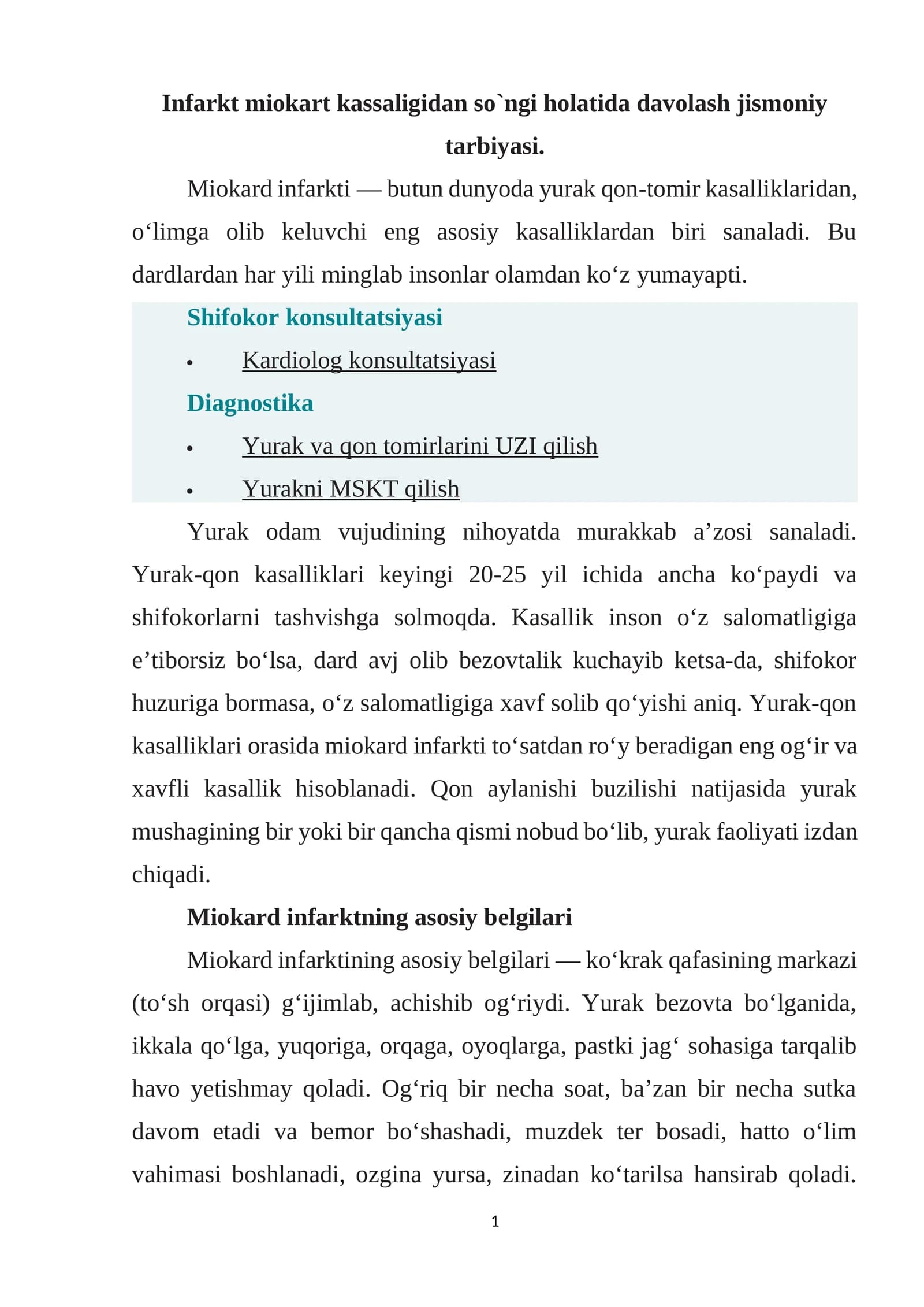 Infarkt miokart kassaligidan so`ngi holatida davolash jismoniy tarbiyasi